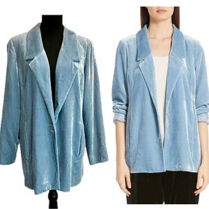 Eileen Fisher silk blend velvet notch collar long relaxed blazer Haze light blue